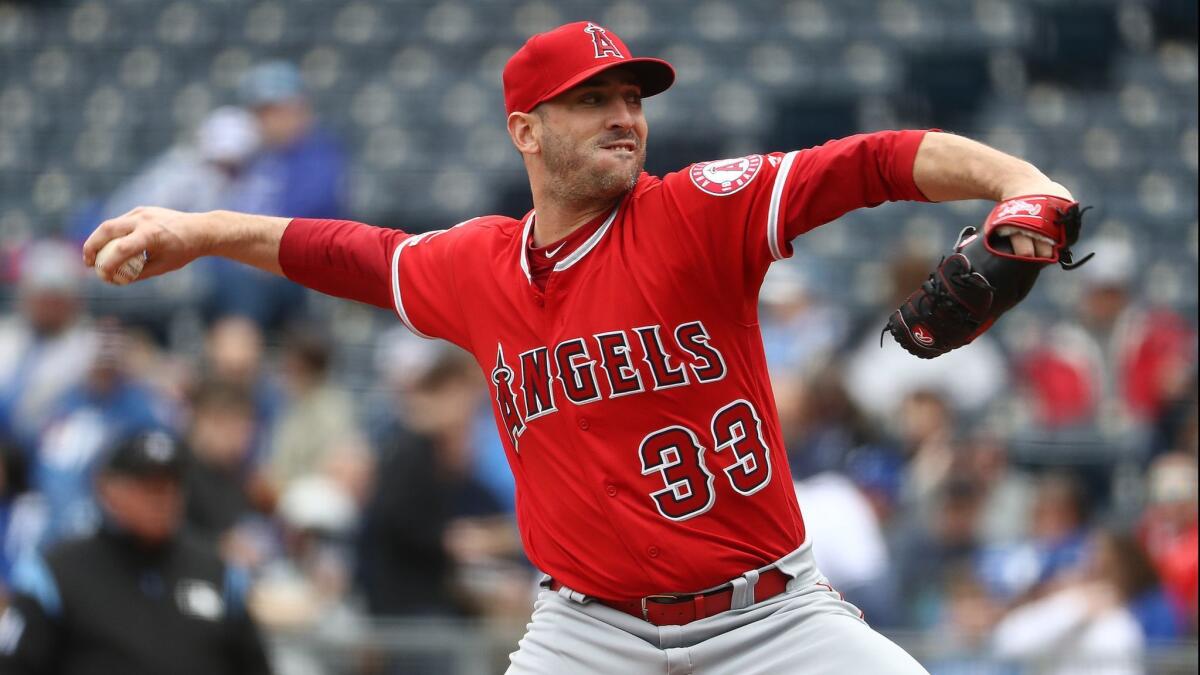 Angels starter Matt Harvey delivers during the first inning of a 7-3 victory over the Kansas City Royals on April 28.