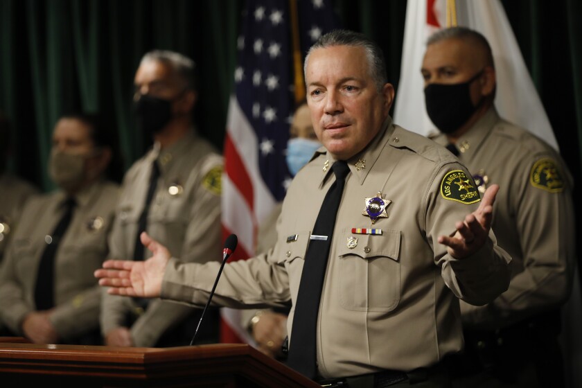 LOS ANGELES, CA - MAY 26: Los Angeles County Sheriff Alex Villanueva discusses organizational change, transparency, accountability and how they relate to the issue of deputy cliques during a press conference at the Hall of Justice Wednesday May 26, 2021. The Sheriff also addressed a damages claim filed by the city of Compton against Los Angeles County today, alleging the sheriff's department has bilked the city out of millions of dollars by falsely reporting the amount of time deputies spend patrolling the city. Sheriff Alex Villanueva dismissed the allegations.