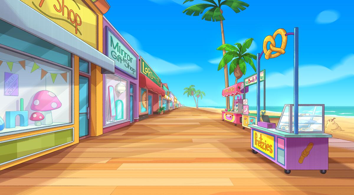 A beach boardwalk scene from the "Hailey's On It!" Disney series premiering June 8. Its teen heroine lives in Oceanside.