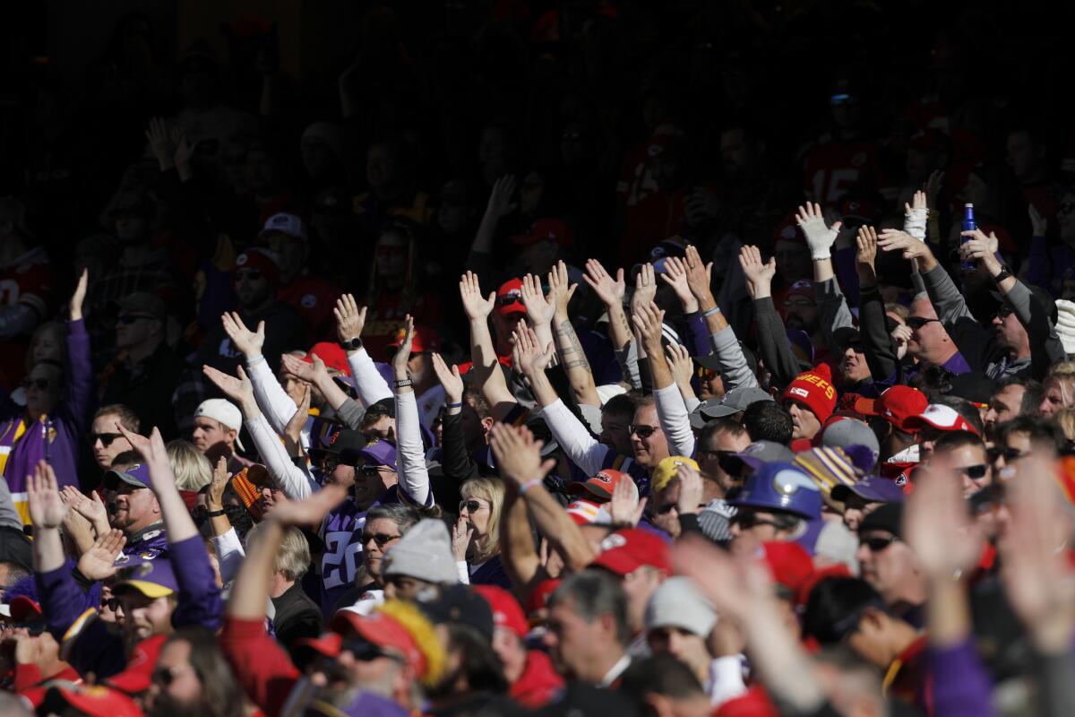 Kansas City Chiefs fans do the chop against the Minnesota Vikings in Kansas City, Mo., on Nov. 3, 2019.