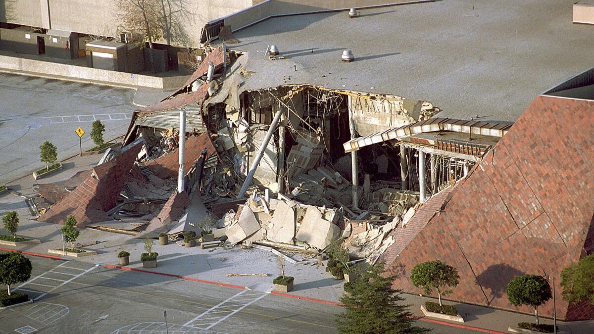 A portion of Los Angeles' Northridge Fashion Center is seen collapsed the day of the 1994 earthquake.