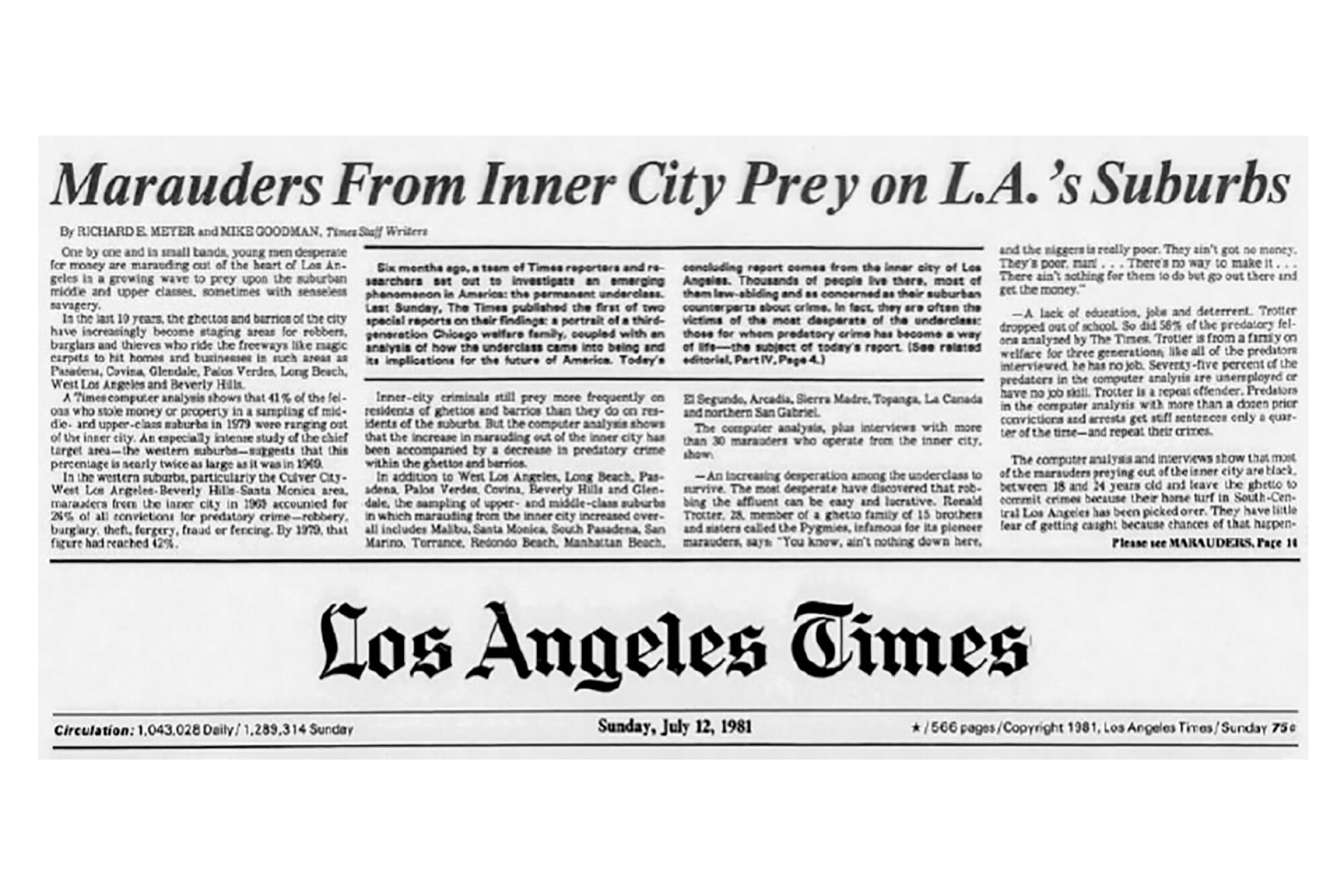 Headline reads "Marauders from inner city prey on LA's suburbs" at the top of a 1981 Los Angeles Times front page