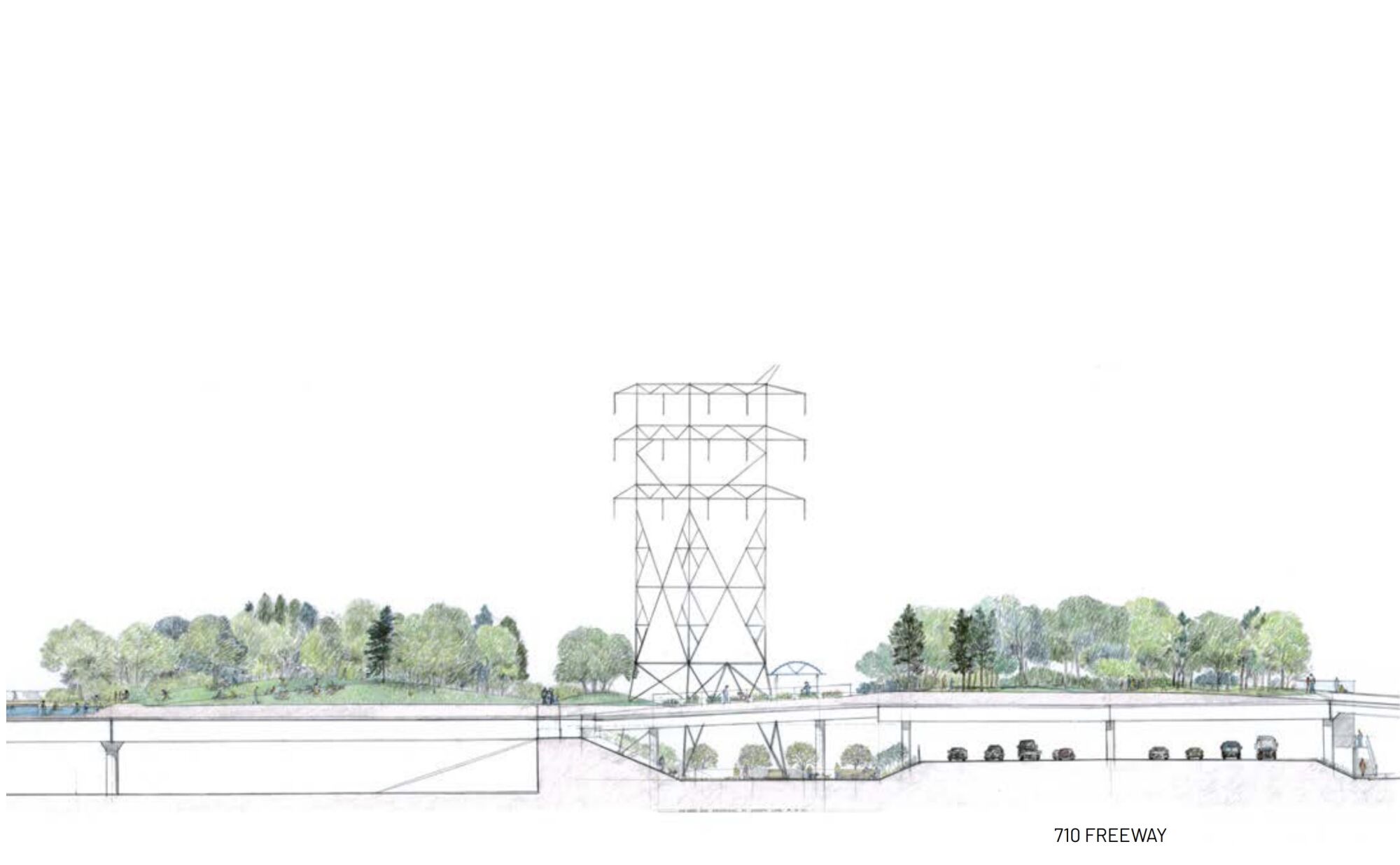 An artist's rendering of a proposed platform park alongside the 710 Freeway.