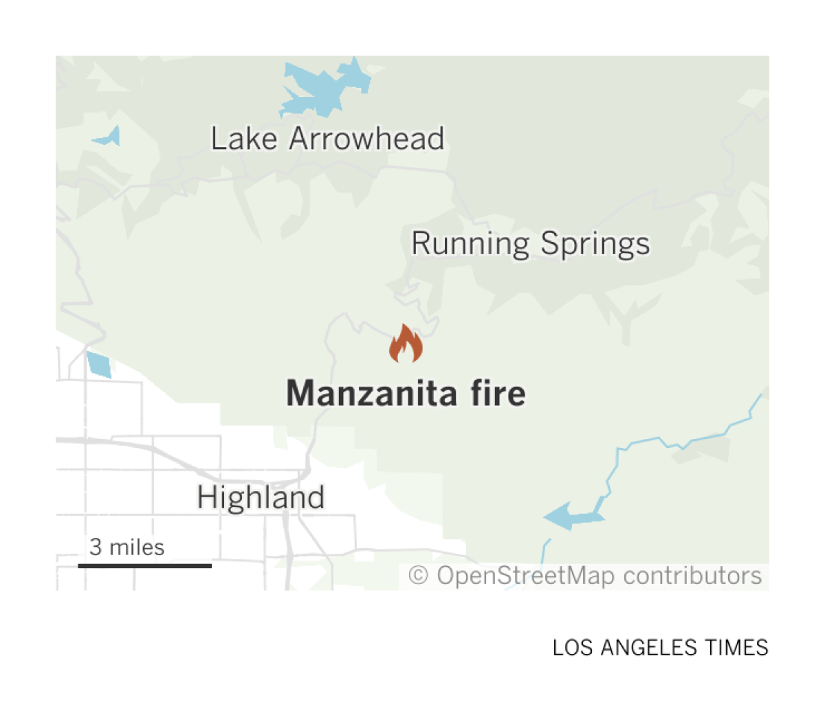 A map showing the Manzanita fire in the San Bernardino Mountains