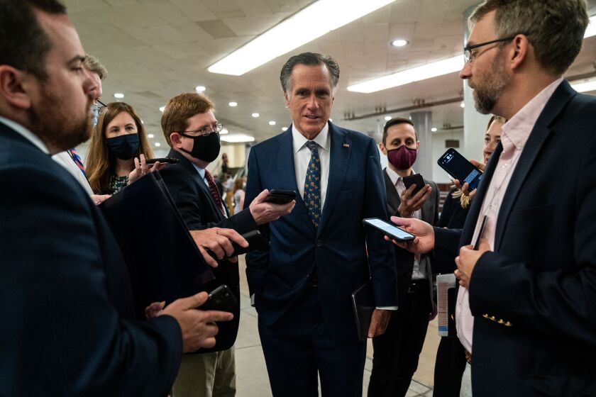 WASHINGTON, DC - JULY 21: Sen. Mitt Romney (R-UT) speaks with reporters in the Senate side of the U.S. Capitol Building on Wednesday, July 21, 2021. (Kent Nishimura / Los Angeles Times)
