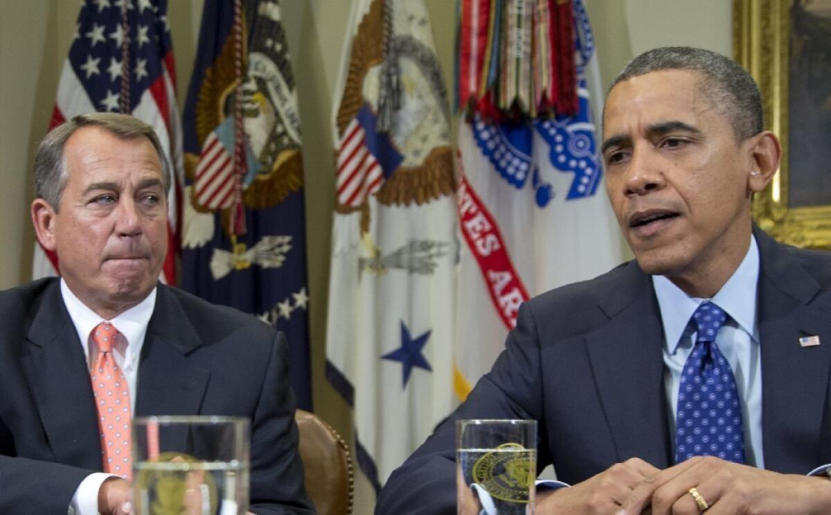 President Obama and House Speaker John Boehner speak to reporters in November after meeting to negotiate a deficit reduction package that would avert the "fiscal cliff."