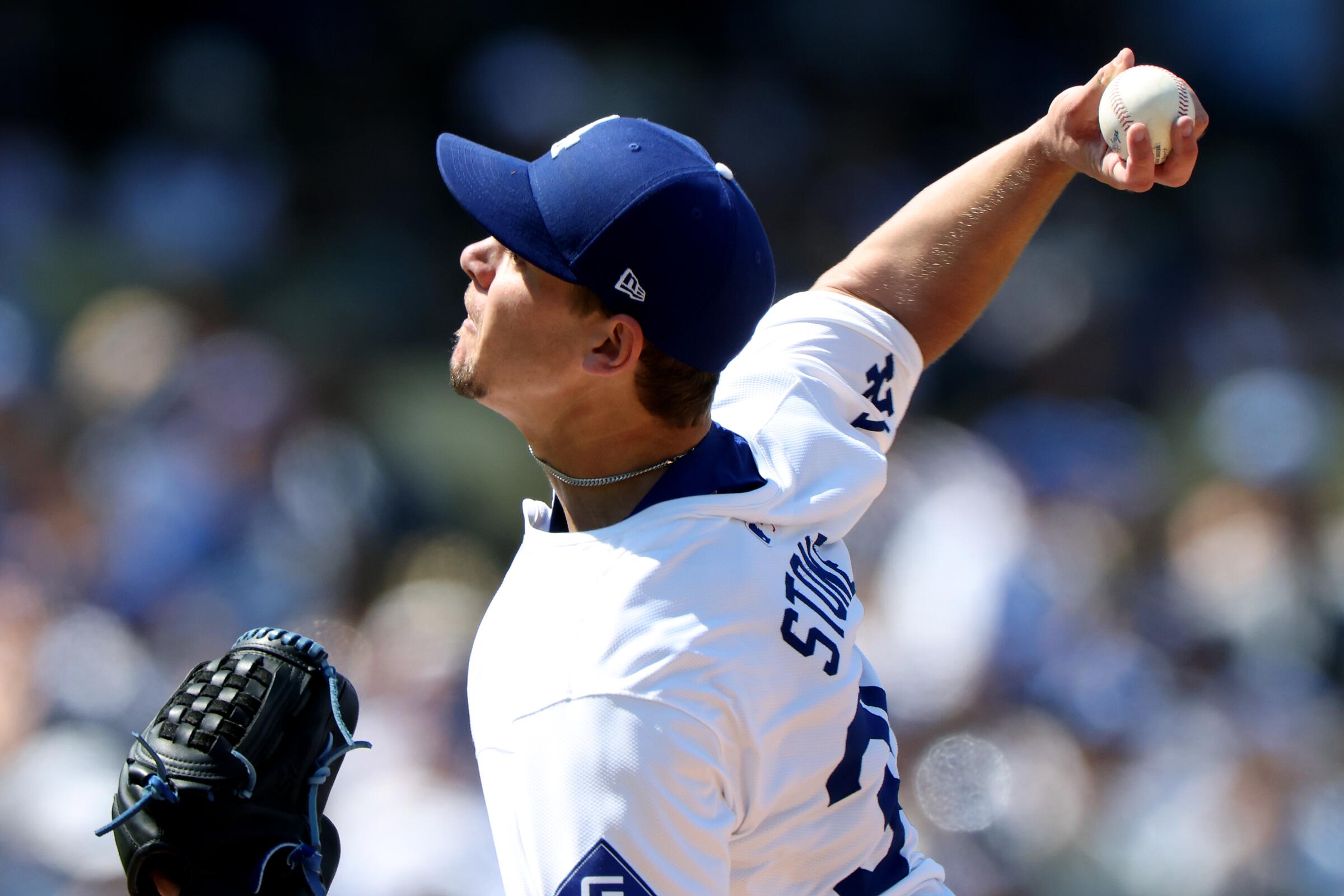 Dodgers starting pitcher Gavin Stone delivers against the Tampa Bay Rays at Dodger Stadium.