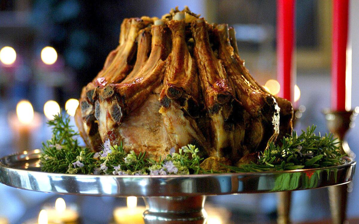 Crown roast of pork stuffed with wild rice and dried fruit