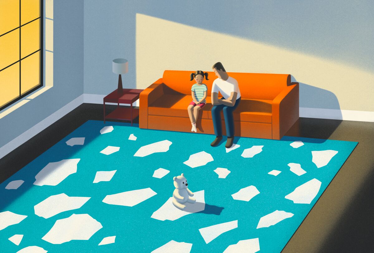 Illustration of a father and daughter on a sofa talking. The carpet looks like broken melting ice floes with a polar bear.