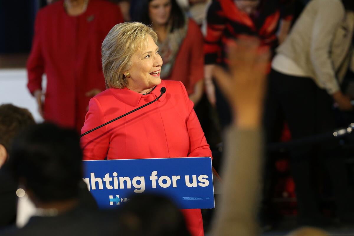 Democratic presidential candidate Hillary Clinton speaks at a rally in Denmark, S.C., on Feb. 12.