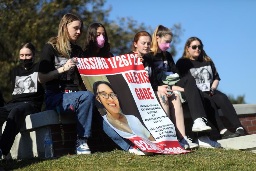 OAKLEY, CA - FEBRUARY 6: Friends of Alexis Gabe are photographed during a vigil at city hall Sunday, Feb. 6, 2022, in Oakley, Calif. Gabe disappeared on January 26, 2022. (Aric Crabb/MediaNews Group/East Bay Times via Getty Images)