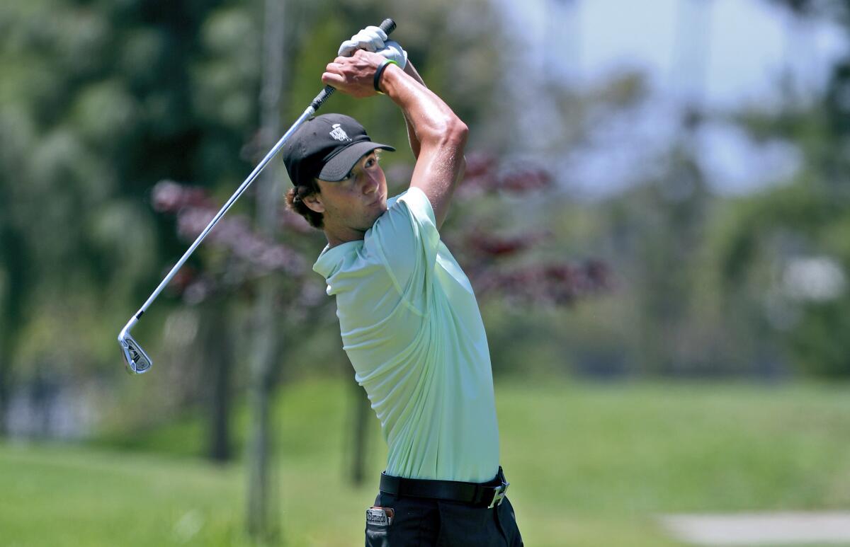 Pete DiBernardo tees off the 17th hole during the 47th annual Will Jordan Classic/Costa Mesa City Championships golf tournament at Costa Mesa Country Club on Aug. 3, 2019.