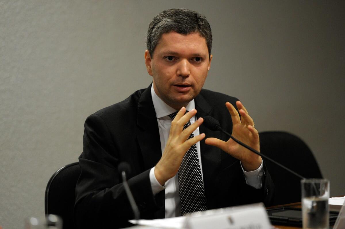 An undated picture provided by Brazil's National Council of Justice on May 31, 2016, shows Transparency Minister Fabiano Silveira speaking at a conference in Brasilia, the nation's capital.