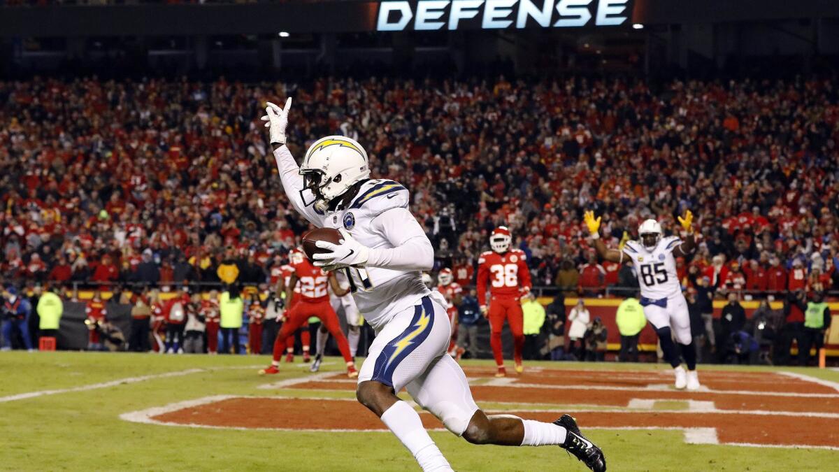 Wide receiver Mike Williams celebrates after catching the two-point conversion with four seconds remaining to put the Chargers up 29-28 over the Kansas City Chiefs in December.