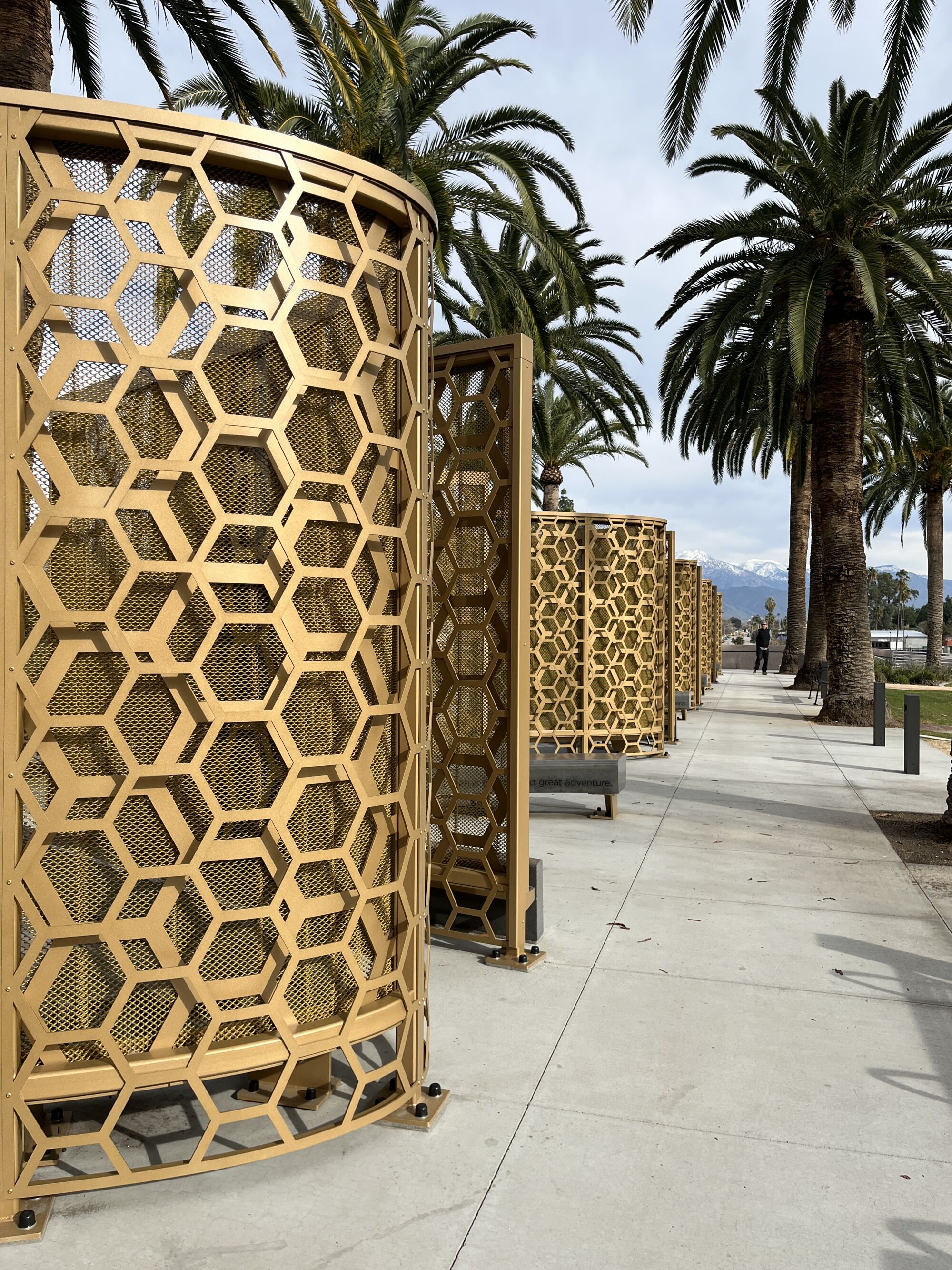 A gold rippling steel structure, framed by palm trees with mountains in the distance.