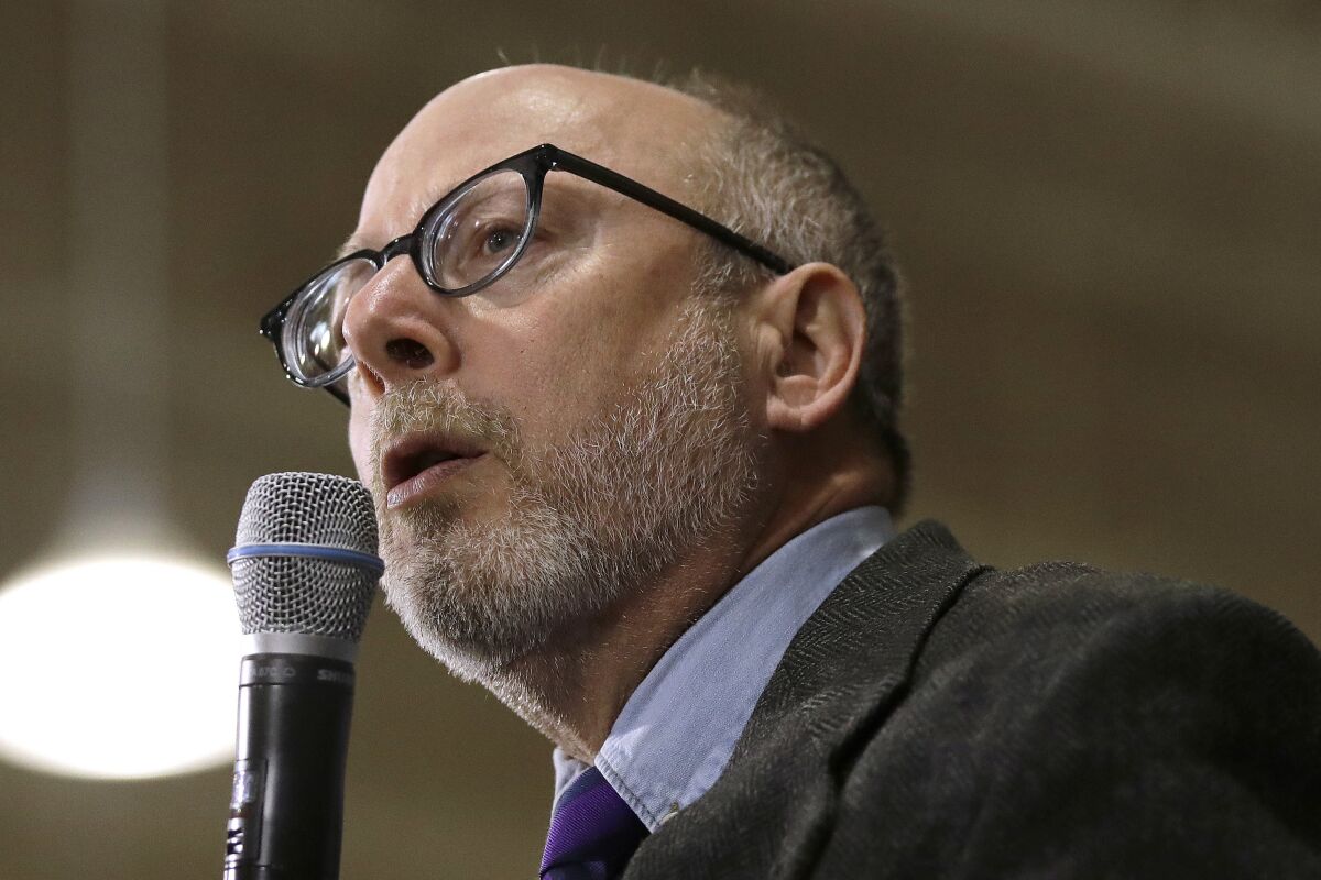 FILE - In this Jan. 18, 2020, file photo, Andru Volinsky speaks at a campaign event for Democratic presidential candidate Sen. Bernie Sanders, I-Vt., in Exeter, N.H. Volinsky is seeking the Democratic gubernatorial nomination in the Tuesday, Sept. 8, primary election. (AP Photo/Elise Amendola, File)