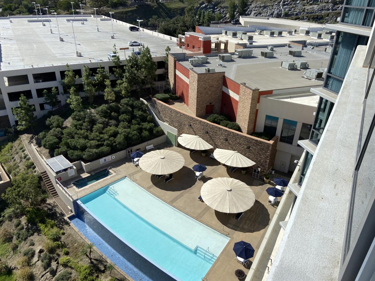 A birds eye view of the pool area at Valley View Casino & Hotel, which also offers a view of Palomar Mountain.