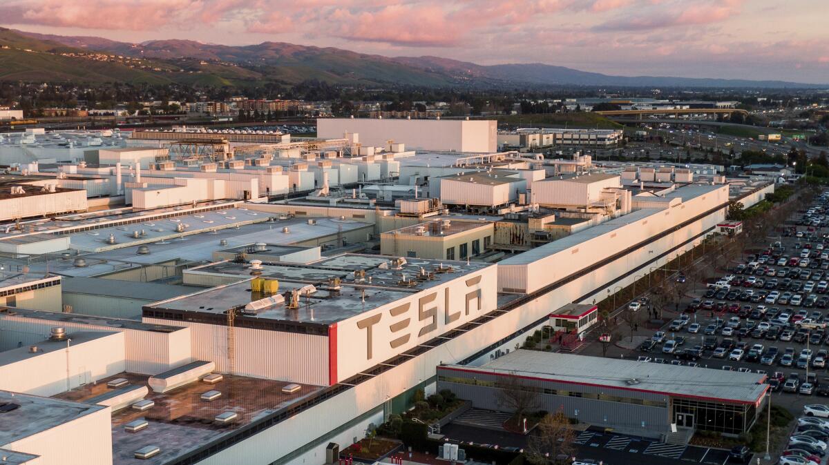 An aerial view of electric-car maker Tesla's factory in Fremont, Calif. 