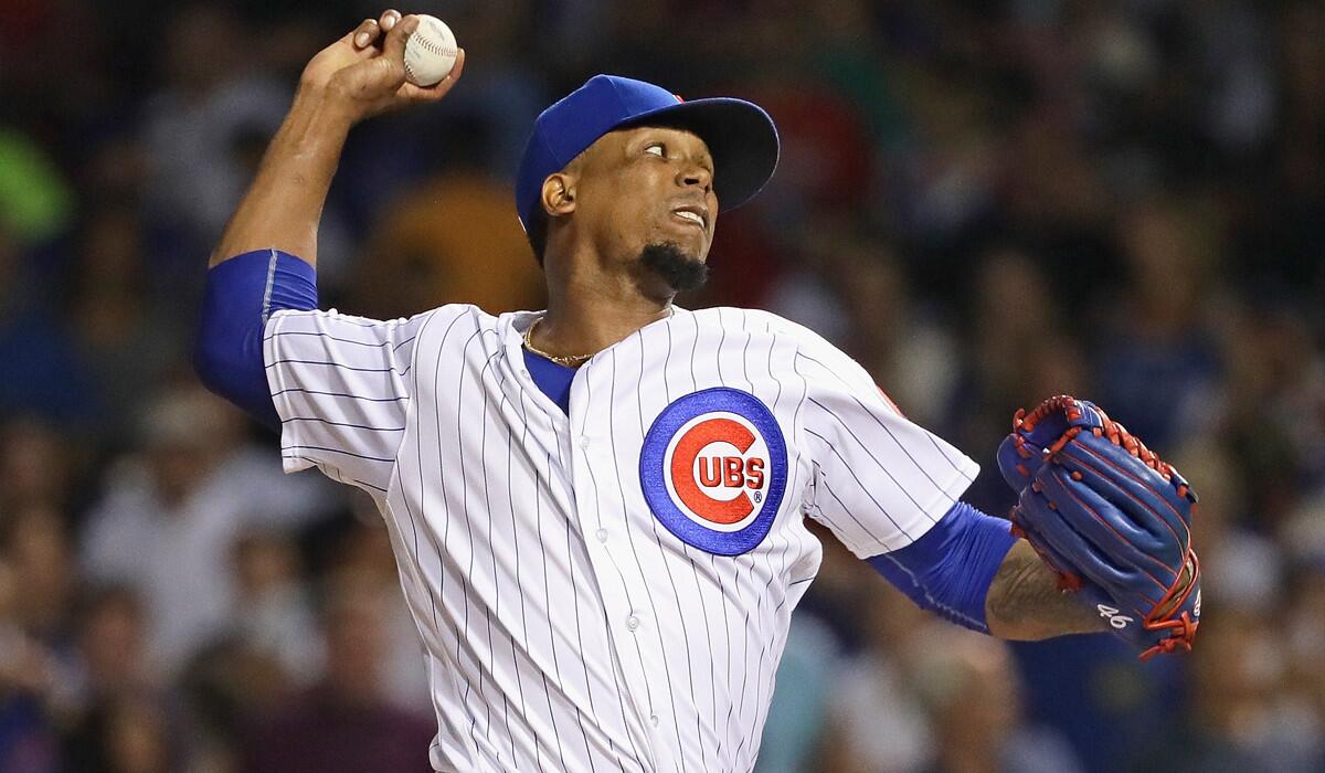 Chicago Cubs pitcher Pedro Strop pitches in the 9th inning against the Angels on Aug. 9.