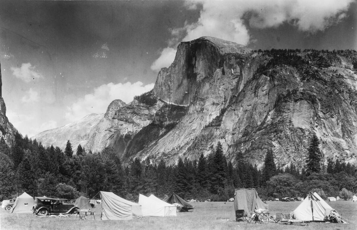 A camp at Stoneman Meadow in Yosemite. Undated photo. (Los Angeles Times Library)