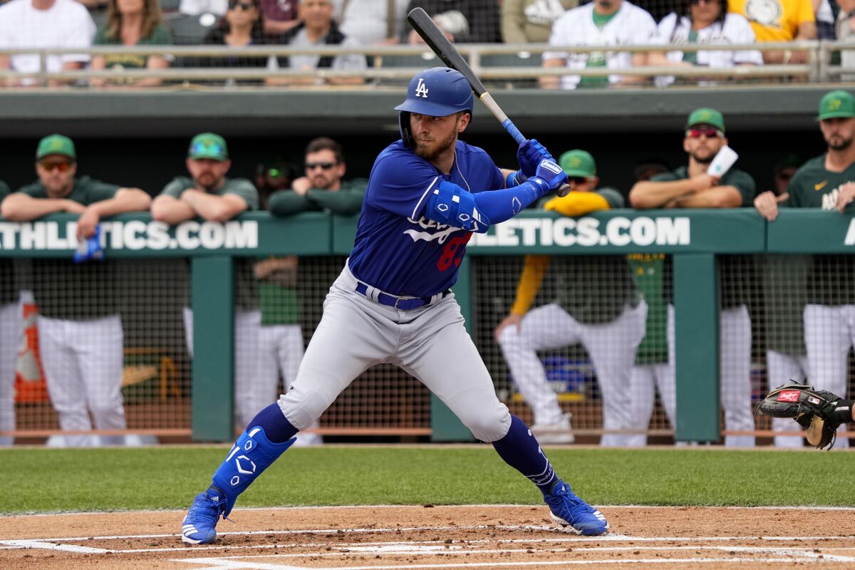 Michael Busch hit a home run in the Dodgers win over the Cincinnati Reds on Sunday. (AP Photo/Matt York)