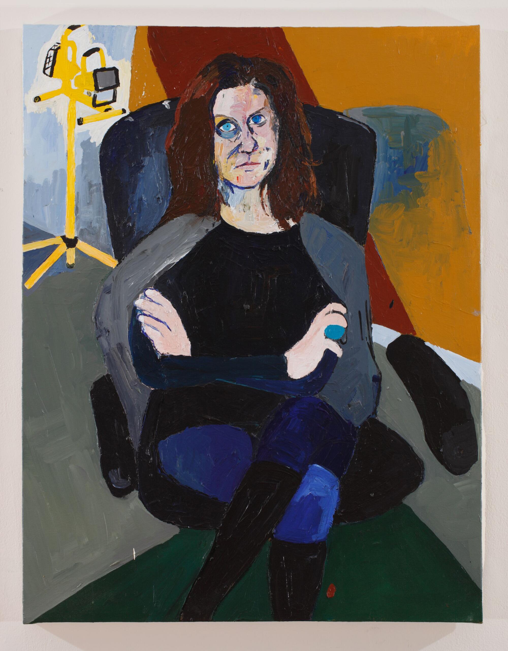 A vertical portrait by Henry Taylor shows artist Andrea Bowers sitting in a chair with her arms crossed.