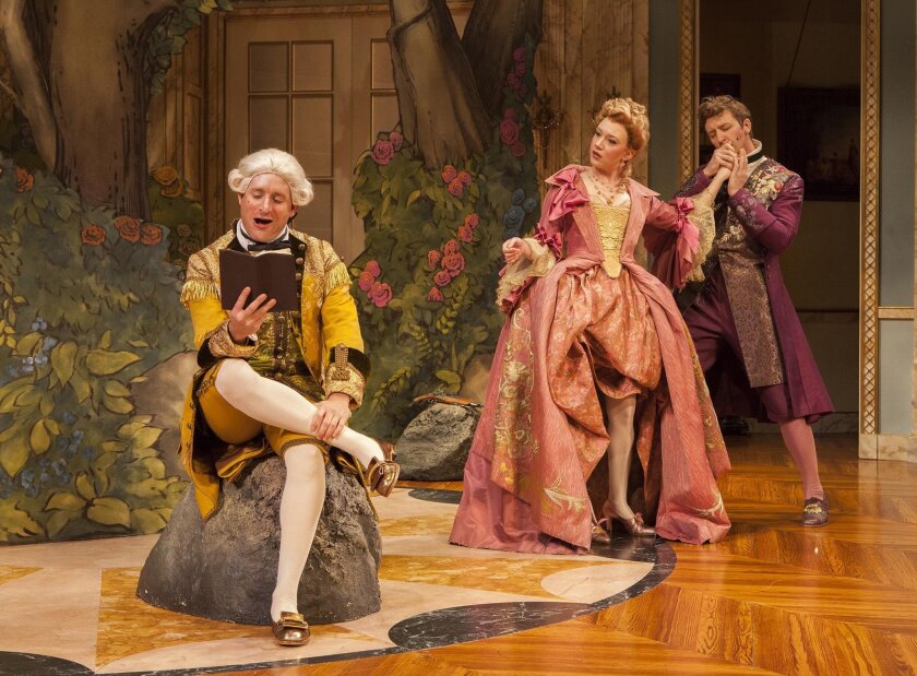 Michael Goldstrom as Mondor, Amelia Pedlow as Lucille and Cary Donaldson as Dorante (gorgeous costuming by Murell Horton) in the West Coast premiere of ‘The Metromaniacs,’ presented in association with Shakespeare Theatre Company at The Old Globe.