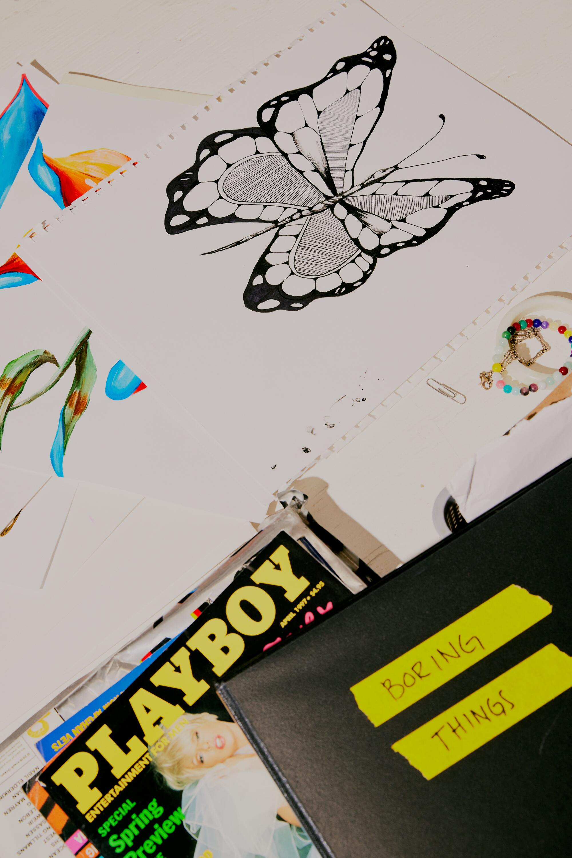 A drawing of a butterfly, a Playboy magazine and a folder labeled "Boring Things."