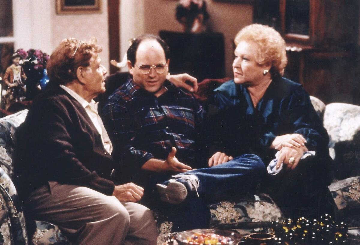 Jerry Stiller, left, Jason Alexander and Estelle Harris in an episode of "Seinfeld."