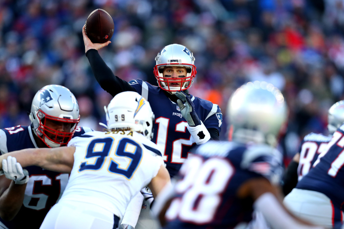 New England Patriots quarterback Tom Brady passes against the Chargers during a playoff game in January 2019.