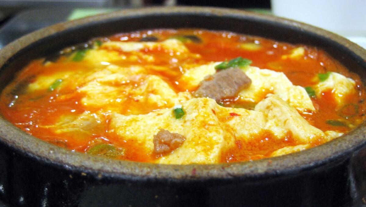 Sundubu-jjigae, a Korean stew at BCD Tofu House, which has locations in Irvine, Garden Grove and Buena Park.