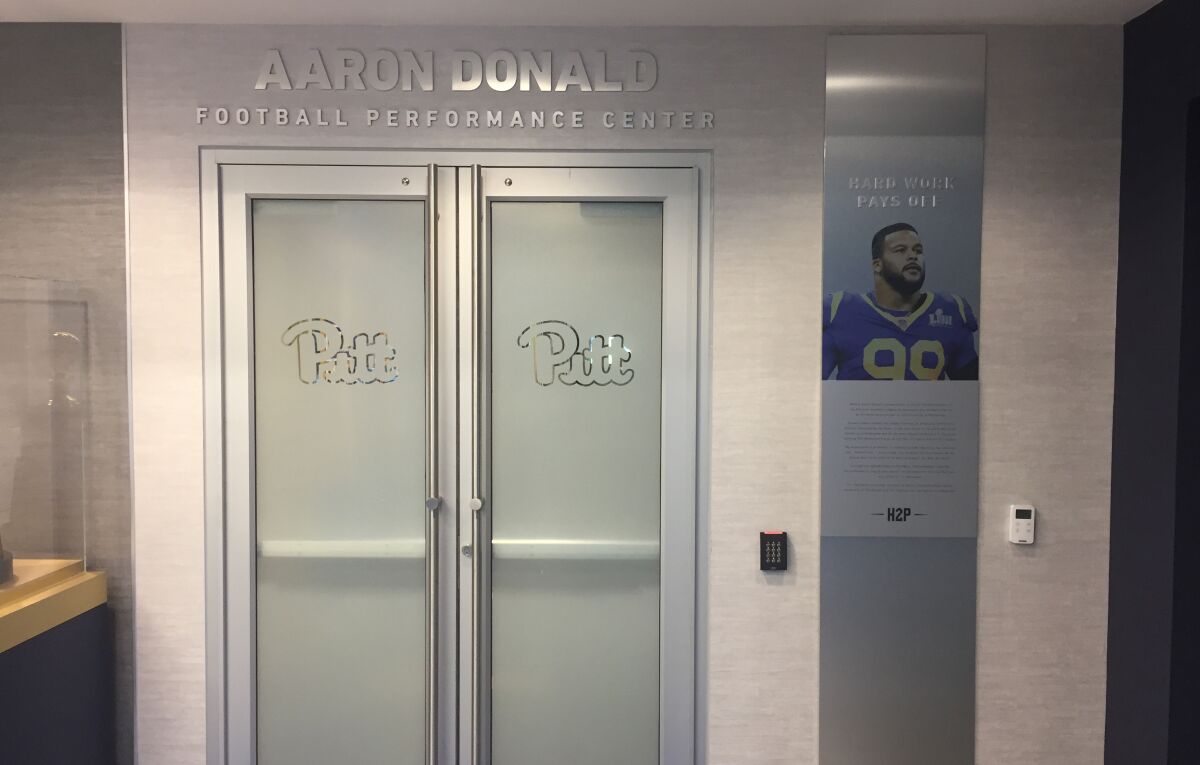 The entrance to the Pitt Aaron Donald Performance Center.