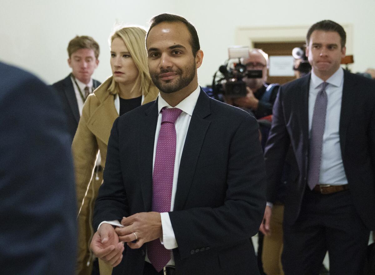 George Papadopoulos, the former Trump campaign advisor who triggered the Russia investigation, arrives before congressional investigators on Capitol Hill in Washington in October 2018.