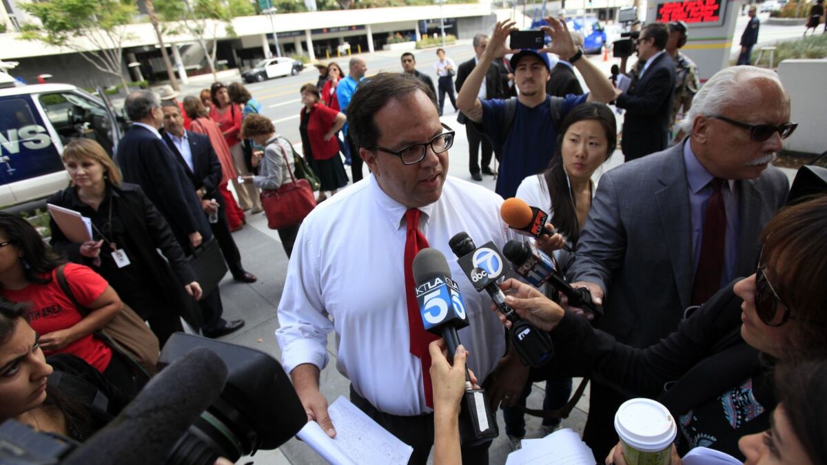 L.A. teachers union leader Alex Caputo-Pearl on Friday got the strike authorization that he wanted from members. Caputo-Pearl addresses the media in 2014.