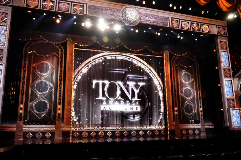 FILE - The stage appears before the start of the 75th annual Tony Awards on June 12, 2022 in New York. This season’s Tony Awards will take place on June 16 at Lincoln Center for the Performing Arts in New York. (Photo by Charles Sykes/Invision/AP, File)