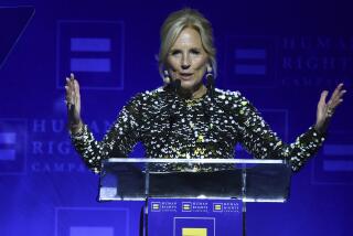 Dr. Jill Biden speaks onstage at the Human Rights Campaign Los Angeles Dinner on Saturday, March 23, 2024, at Fairmont Century Plaza in Los Angeles. (Photo by Richard Shotwell/Invision/AP)