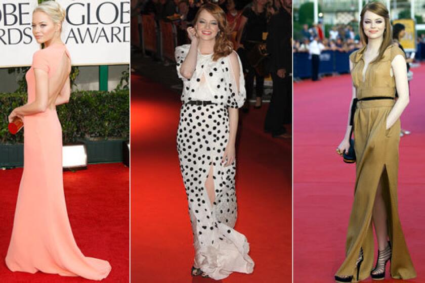 From left; Emma Stone at the Golden Globe Awards, 'The Help' premiere in London and the Deauville American Film Festival in France.