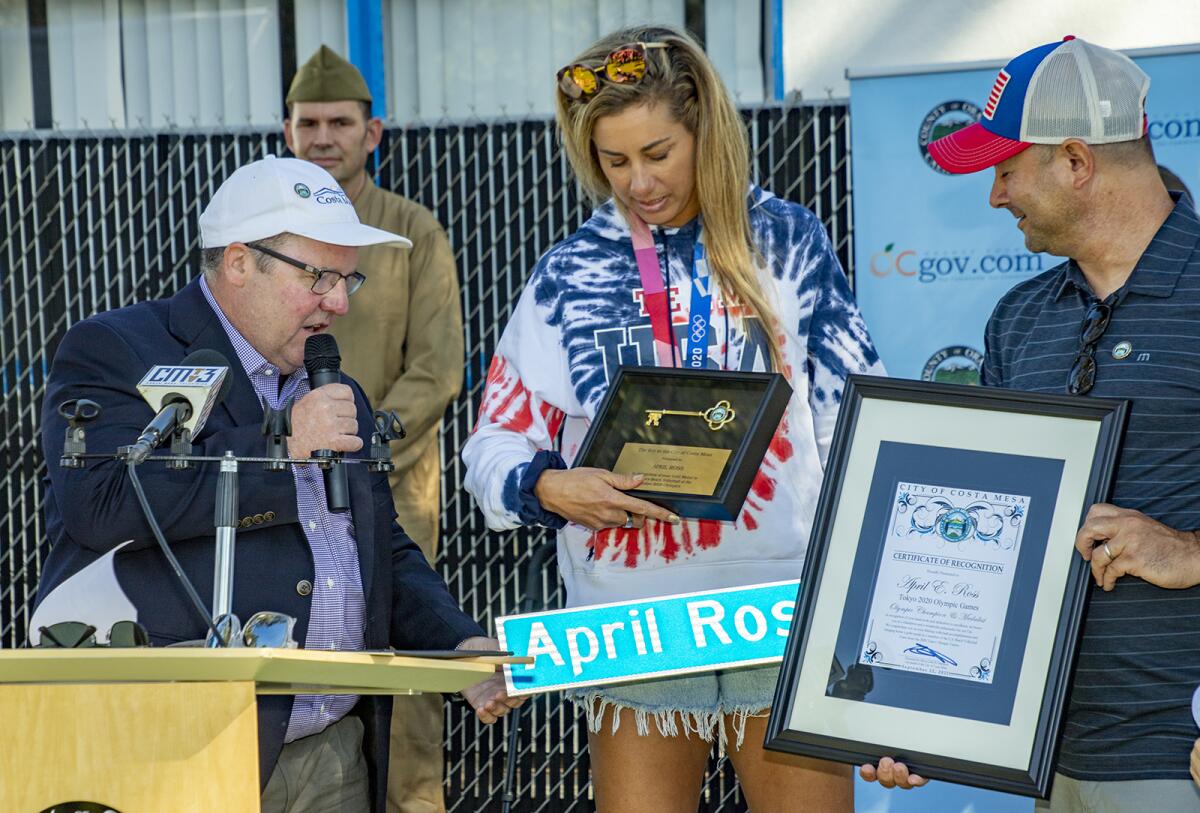 Three-time Olympic medalist April Ross during the Orange County Olympians Parade in 2021.