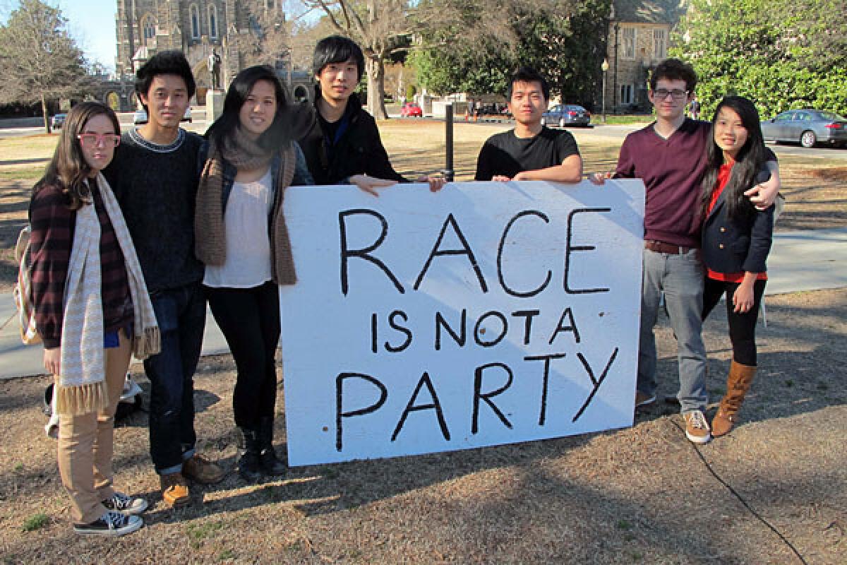 Students at Duke University rally in response to a campus fraternity party that mocked Asians.