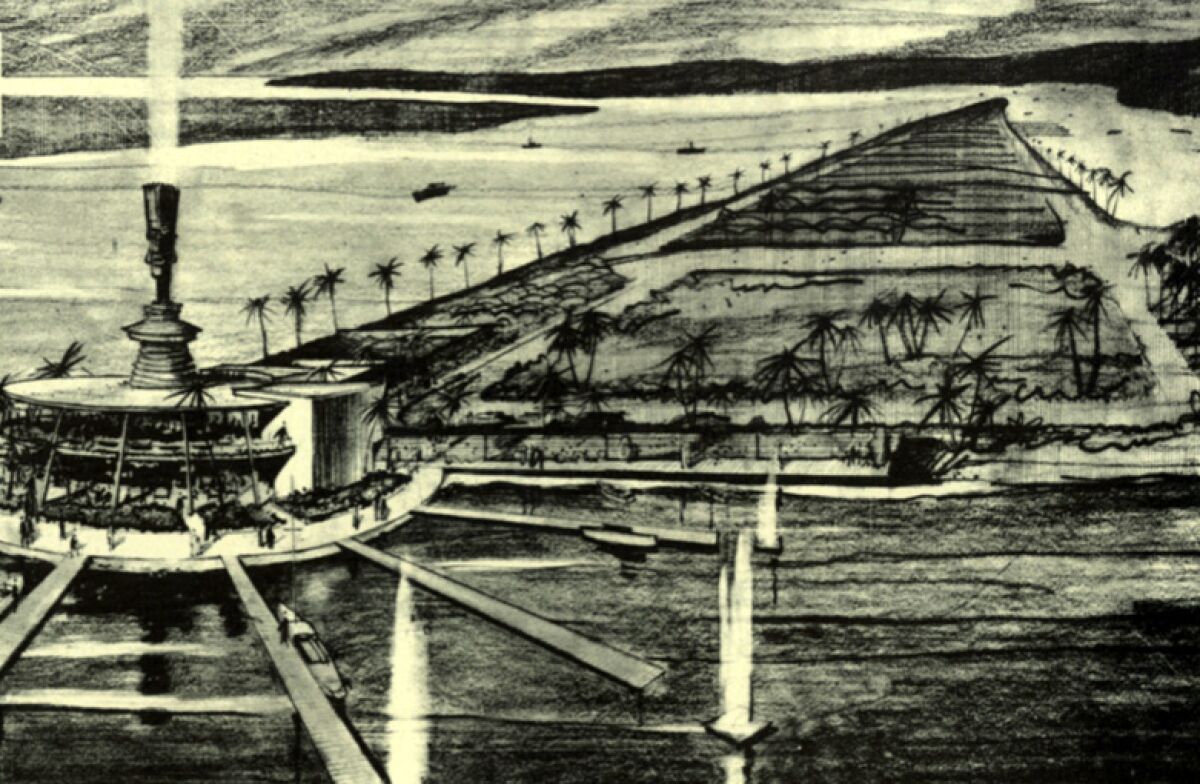 An artist’s rendering of Shelter Island for Christian’s Hut, circa 1950. The iconic restaurant soon became known as Bali Hai.