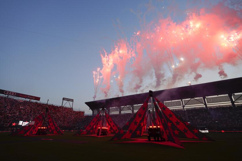 Fireworks explode above Audi Field before the MLS All-Star soccer match between Arsenal and the MLS All-Stars, Wednesday, July 19, 2023, in Washington. (AP Photo/Alex Brandon)