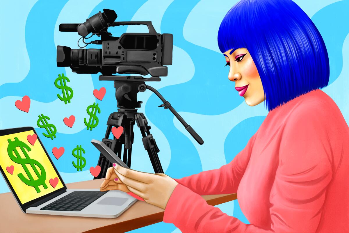 An illustration of a woman in front of a laptop with dollar signs and hearts coming out of it