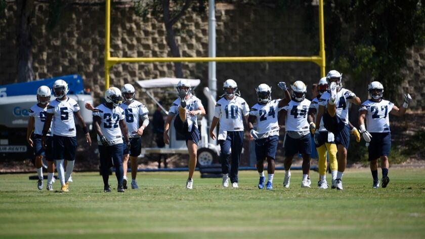 Chargers players run a drill during a mini-camp held at the the Chargers facility on June 15 in San Diego.