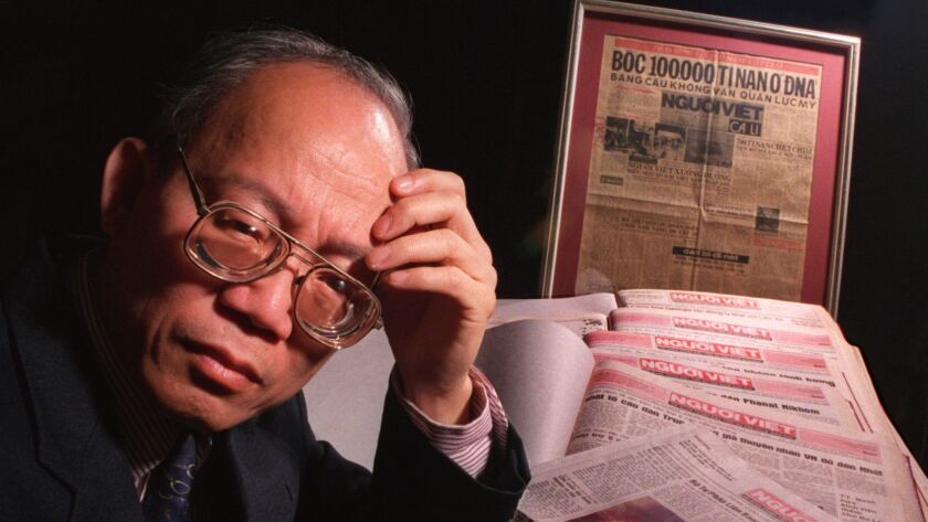 Yen Do, the late founder of Nguoi Viet Daily News, the largest Vietnamese language daily in the U.S., with bound copies and a framed first edition of his paper, which began in 1978. He was photographed at the newspaper’s offices in 1997.