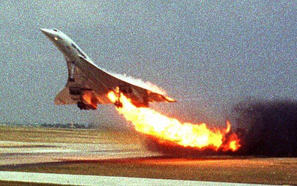 Air France Concorde flight 4590 takes off from Charles de Gaulle airport outside Paris with fire trailing from its engine on the left wing. The plane crashed shortly after take-off, killing all 109 people aboard and four others on the ground. For nearly a decade, investigators have argued that the jet never would have crashed if a Continental Airlines DC-10 hadn't dropped a piece of titanium onto the runway minutes before the supersonic craft took off. That finding will go up for debate at a long-awaited trial on the crash, which began Feb. 2 after a decade of investigations.