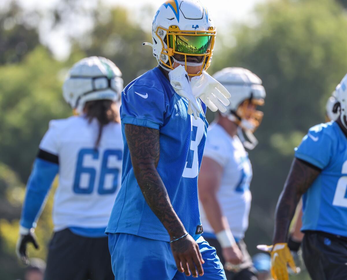 Chargers safety Derwin James takes part in training camp in July.