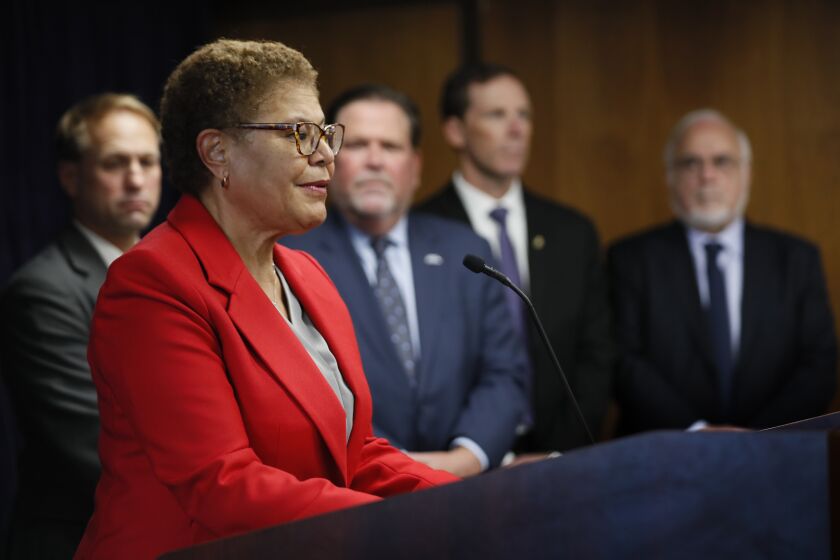 Los Angeles, CA, Friday, February 17, 2023 - LA Mayor Karen Bass along with FBI, LAPD and Jewish community leaders at a press conference announcing the arrest of Jaime Tran for the attempted murder of two people outside separate synagogues. (Robert Gauthier/Los Angeles Times)