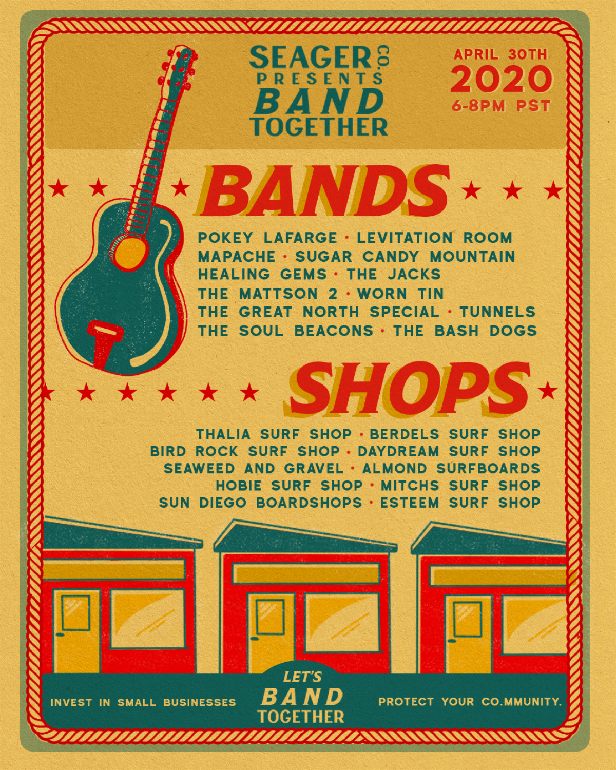 The full lineup of musicians and surf shops participating in "Band Together"