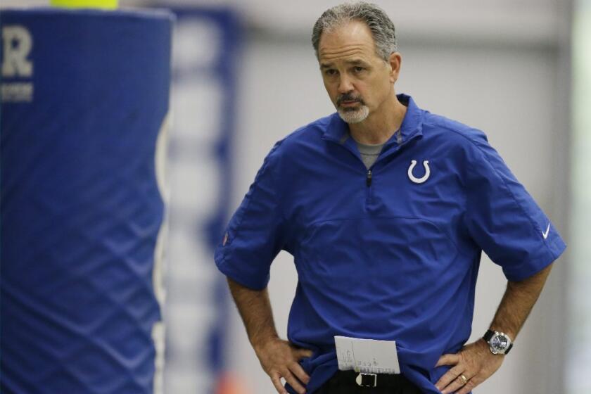 Indianapolis Colts Coach Chuck Pagano watches rookie minicamp on May 10.