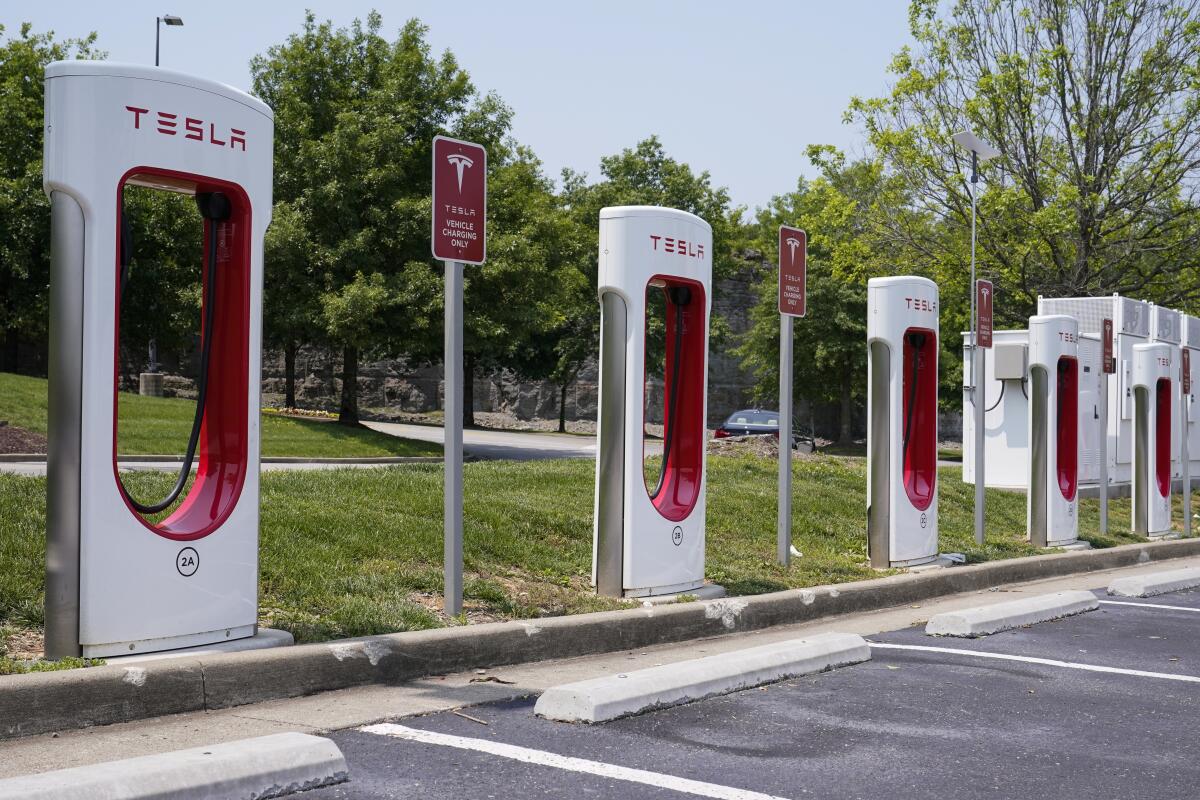 A Tesla electronic vehicle charging station is seen in Nashville.